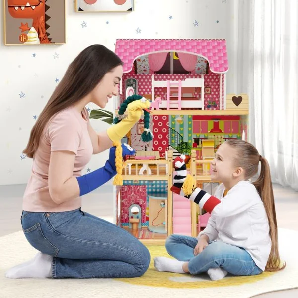 Maison de Poupée en Bois 15 Accessoires à 3 Etages 59 x 30 x 91 CM Cadeaux pour Enfants 3 Ans+ Rose