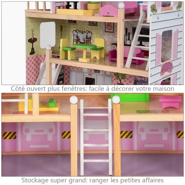 Maison de Poupée pour Enfants 3 Ans et Plus Maison de Poupée à 4 Étages avec Accessoires en Mdf 605x295x81cm Rose