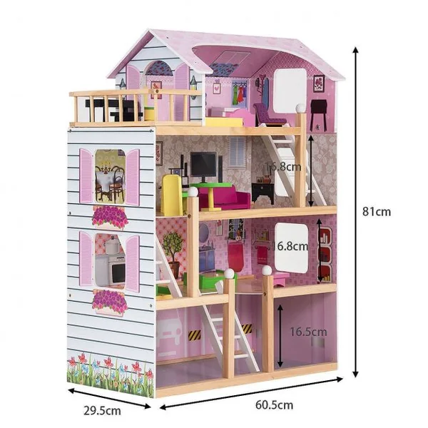 Maison de Poupée pour Enfants 3 Ans et Plus Maison de Poupée à 4 Étages avec Accessoires en Mdf 605x295x81cm Rose
