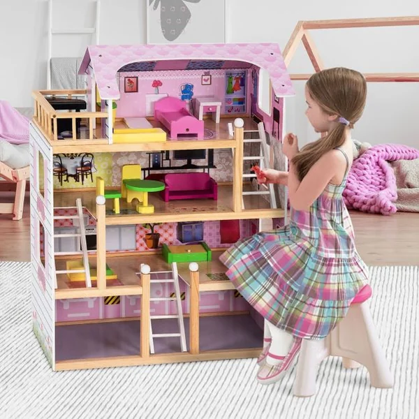 Maison de Poupée pour Enfants 3 Ans et Plus Maison de Poupée à 4 Étages avec Accessoires en Mdf 605x295x81cm Rose