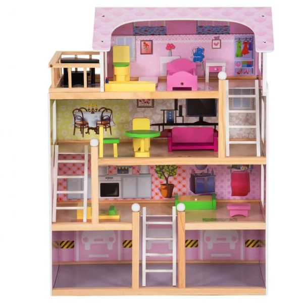 Maison de Poupée pour Enfants 3 Ans et Plus Maison de Poupée à 4 Étages avec Accessoires en Mdf 605x295x81cm Rose