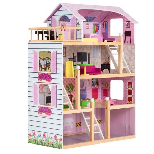 Maison de Poupée pour Enfants 3 Ans et Plus Maison de Poupée à 4 Étages avec Accessoires en Mdf 605x295x81cm Rose