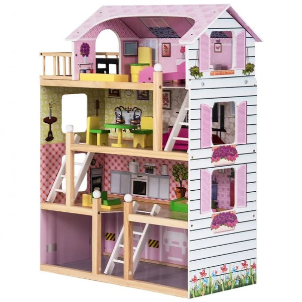 Maison de Poupée pour Enfants 3 Ans et Plus Maison de Poupée à 4 Étages avec Accessoires en Mdf 605x295x81cm Rose