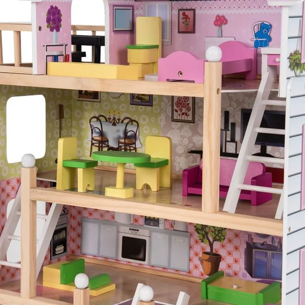 Maison de Poupée pour Enfants 3 Ans et Plus Maison de Poupée à 4 Étages avec Accessoires en Mdf 605x295x81cm Rose
