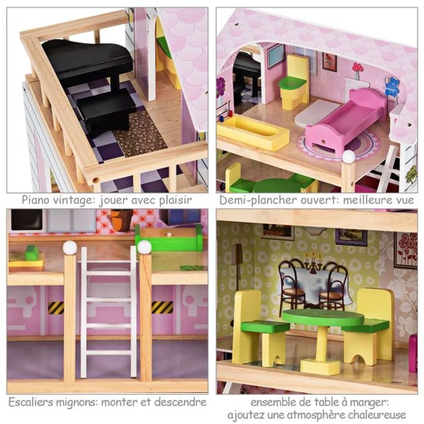 Maison de Poupée pour Enfants 3 Ans et Plus Maison de Poupée à 4 Étages avec Accessoires en Mdf 605x295x81cm Rose