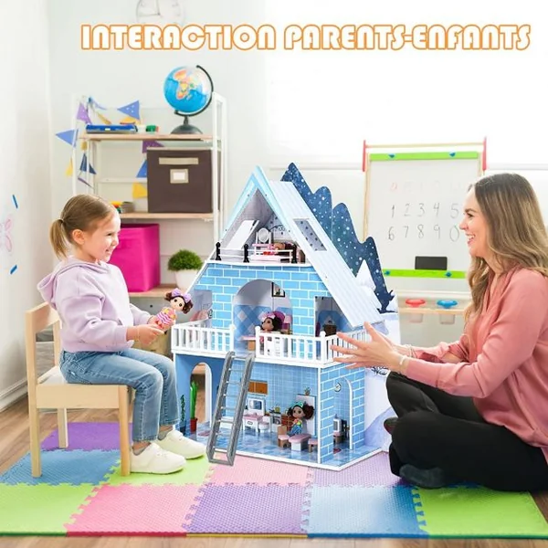 Maison de Poupée à 3 Niveaux en Bois Maison de Rêve avec 15 Meubles 3 Poupées pour Enfants de 3+ Ans Bleu