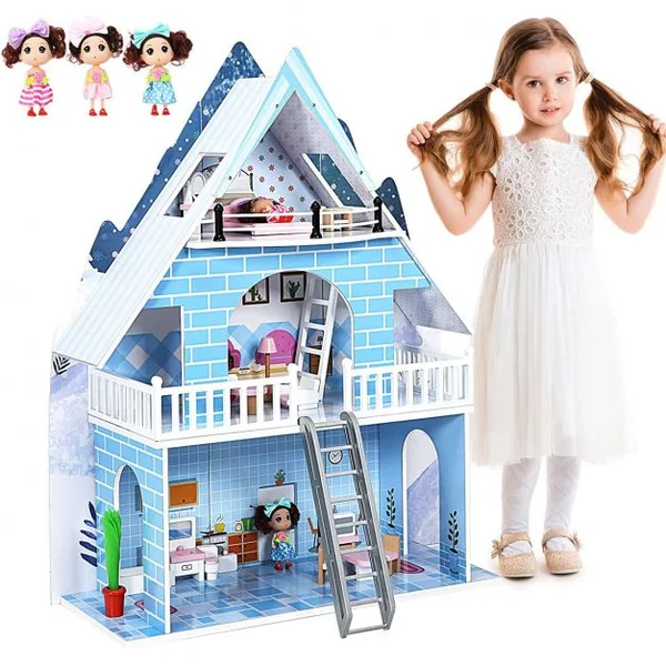Maison de Poupée à 3 Niveaux en Bois Maison de Rêve avec 15 Meubles 3 Poupées pour Enfants de 3+ Ans Bleu