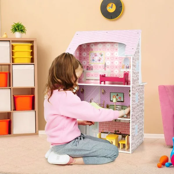 Maison de Poupées 2 en 1 avec Cuisine pour Enfant en Revers -9 Accessoires en Bois Rose