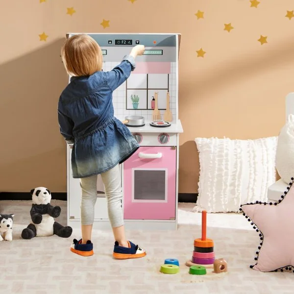 Maison de Poupées 2 en 1 avec Cuisine pour Enfant en Revers -9 Accessoires en Bois Rose