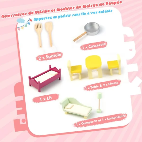 Maison de Poupées 2 en 1 avec Cuisine pour Enfant en Revers -9 Accessoires en Bois Rose