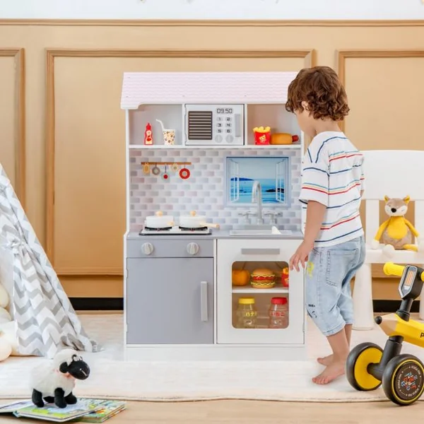 Maison de Poupées 2en1 avec Cuisine Enfants - 8 Accessoires Son Lumières 3 Étages pour Enfants dès 3 Ans Rose