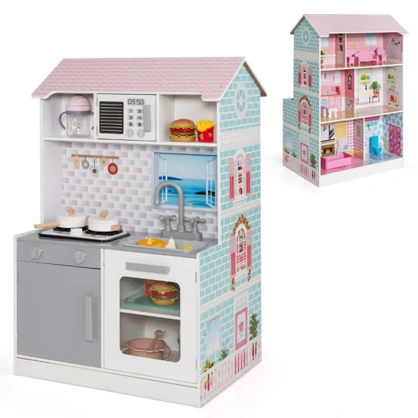 Maison de Poupées 2en1 avec Cuisine Enfants - 8 Accessoires Son Lumières 3 Étages pour Enfants dès 3 Ans Rose