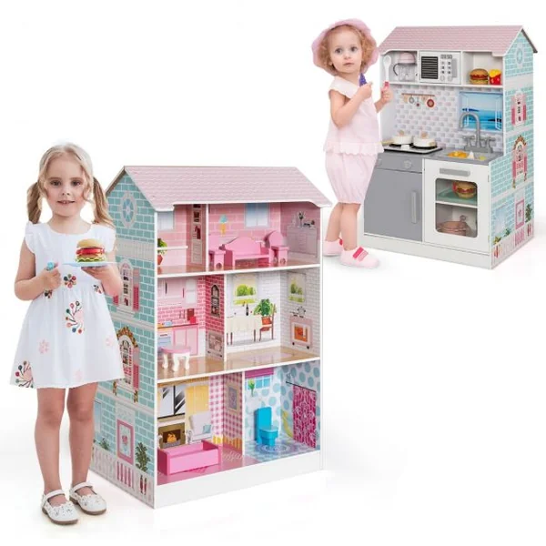Maison de Poupées 2en1 avec Cuisine Enfants - 8 Accessoires Son Lumières 3 Étages pour Enfants dès 3 Ans Rose