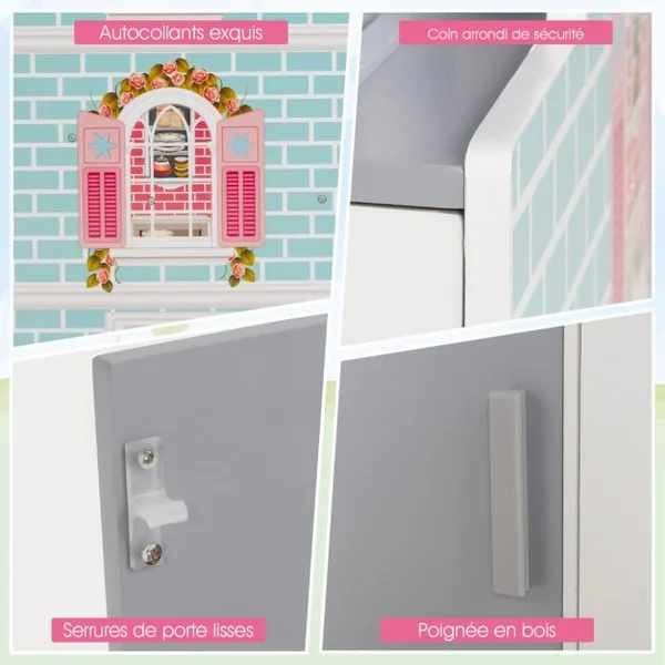 Maison de Poupées 2en1 avec Cuisine Enfants - 8 Accessoires Son Lumières 3 Étages pour Enfants dès 3 Ans Rose