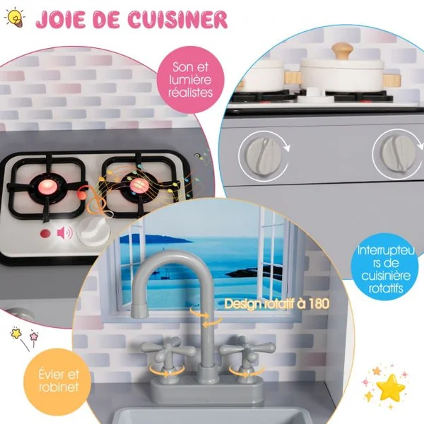 Maison de Poupées 2en1 avec Cuisine Enfants - 8 Accessoires Son Lumières 3 Étages pour Enfants dès 3 Ans Rose