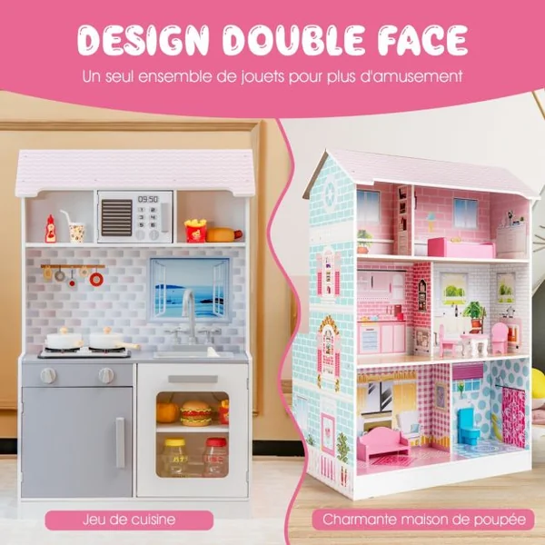Maison de Poupées 2en1 avec Cuisine Enfants - 8 Accessoires Son Lumières 3 Étages pour Enfants dès 3 Ans Rose