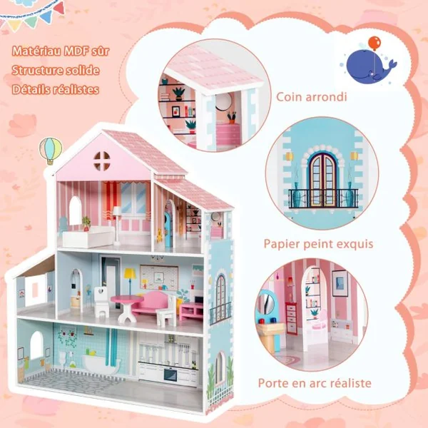 Maison de Poupées en Bois 8 Meubles 71 x 23,5 x 87 CM Cadeau pour Enfant de 3 à 7 Ans Multicolore