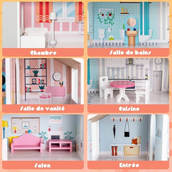 Maison de Poupées en Bois 8 Meubles 71 x 23,5 x 87 CM Cadeau pour Enfant de 3 à 7 Ans Multicolore