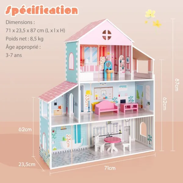 Maison de Poupées en Bois 8 Meubles 71 x 23,5 x 87 CM Cadeau pour Enfant de 3 à 7 Ans Multicolore