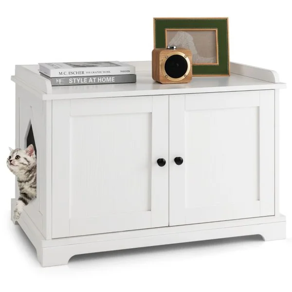 Maison de Toilette pour Chat avec 2 Portes Meuble Bac à Litière avec Griffoir pour Chat et Entrée Latérale 75x51x53 CM