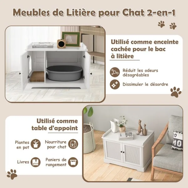 Maison de Toilette pour Chat avec 2 Portes Meuble Bac à Litière avec Griffoir pour Chat et Entrée Latérale 75x51x53 CM