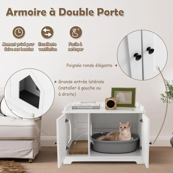 Maison de Toilette pour Chat avec 2 Portes Meuble Bac à Litière avec Griffoir pour Chat et Entrée Latérale 75x51x53 CM