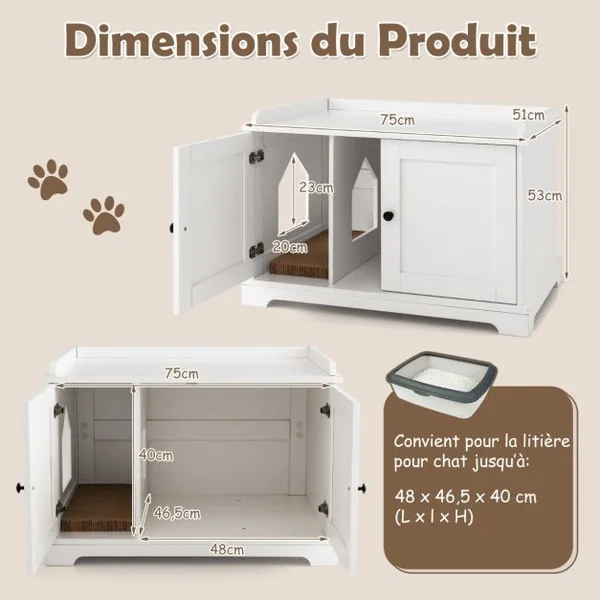 Maison de Toilette pour Chat avec 2 Portes Meuble Bac à Litière avec Griffoir pour Chat et Entrée Latérale 75x51x53 CM