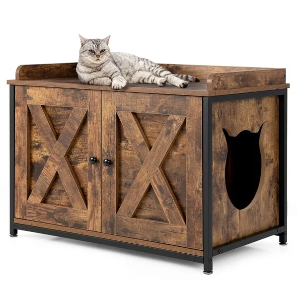 Maison de Toilette pour Chat avec Double Porte Meuble à Litière en Bois Entrée Latérale 80 x 50 x 58 cm Marron
