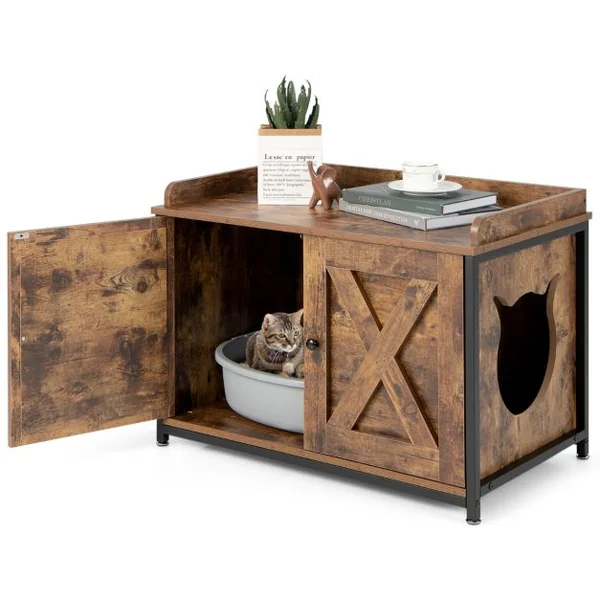 Maison de Toilette pour Chat avec Double Porte Meuble à Litière en Bois Entrée Latérale 80 x 50 x 58 cm Marron