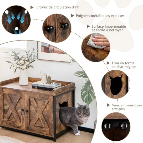 Maison de Toilette pour Chat avec Double Porte Meuble à Litière en Bois Entrée Latérale 80 x 50 x 58 cm Marron