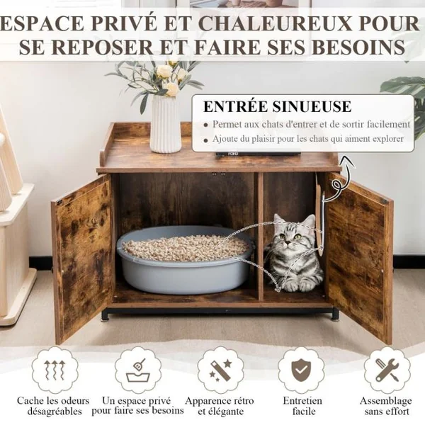 Maison de Toilette pour Chat avec Double Porte Meuble à Litière en Bois Entrée Latérale 80 x 50 x 58 cm Marron