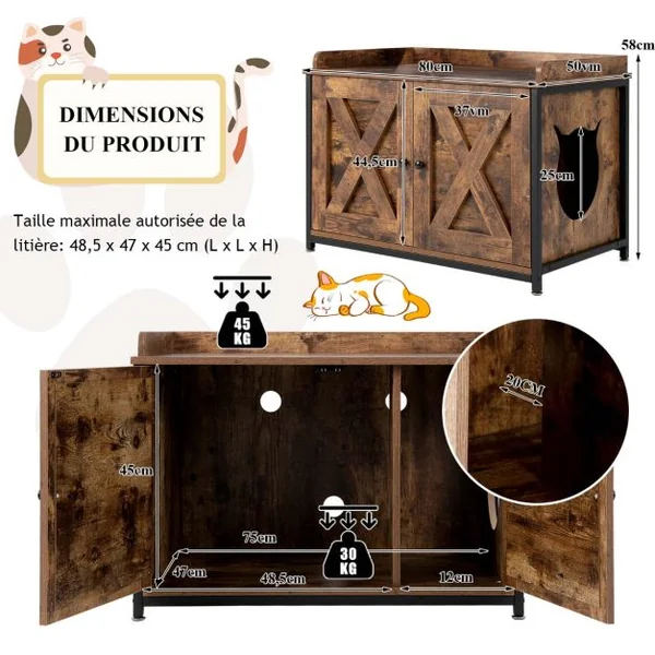 Maison de Toilette pour Chat avec Double Porte Meuble à Litière en Bois Entrée Latérale 80 x 50 x 58 cm Marron