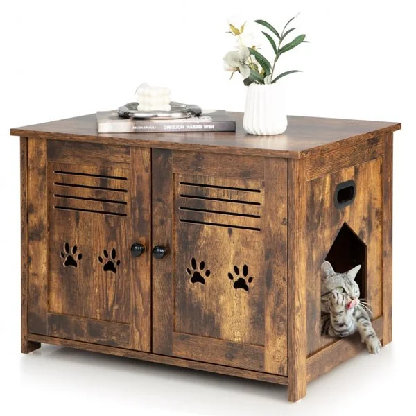 Maison de Toilette pour Chat Double Porte, 70 x 51,5 x 50 cm Trous d’Aérations sur Côté Brun Rustique