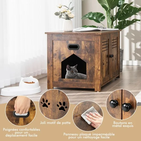 Maison de Toilette pour Chat Double Porte, 70 x 51,5 x 50 cm Trous d’Aérations sur Côté Brun Rustique