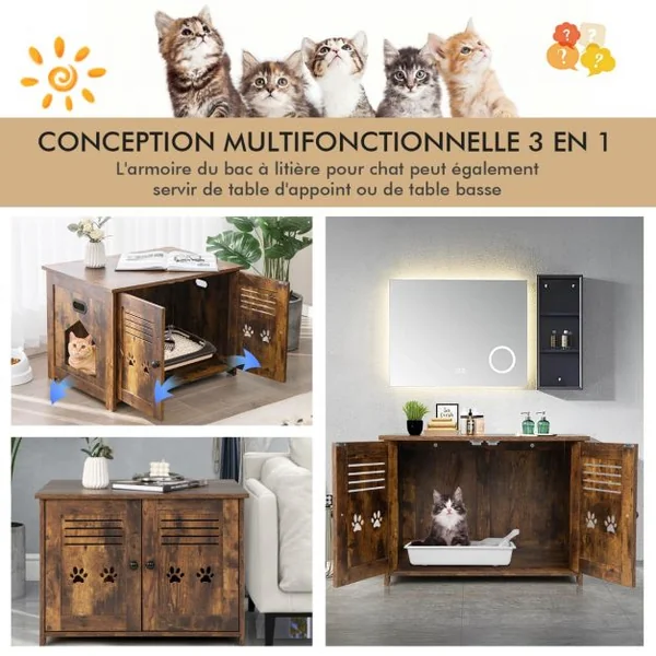 Maison de Toilette pour Chat Double Porte, 70 x 51,5 x 50 cm Trous d’Aérations sur Côté Brun Rustique