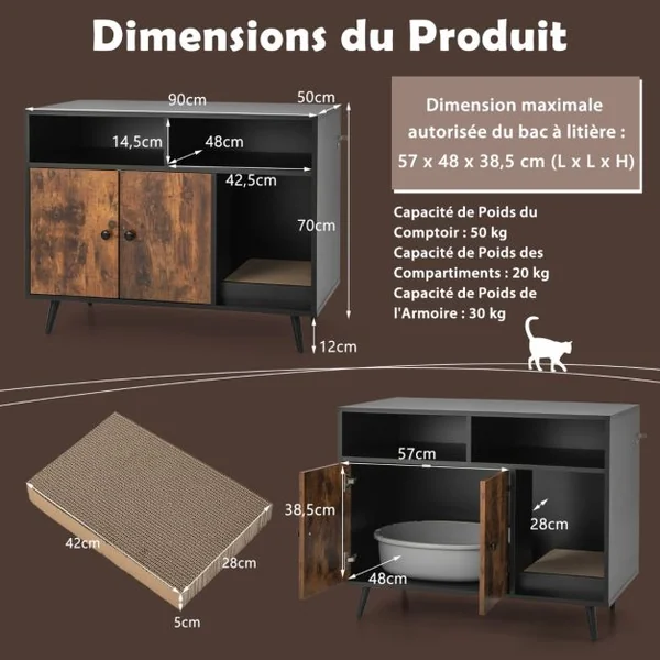 Maison de Toilette pour Chat Industriel avec Griffoir 90x50x70cm Meuble à Litière avec 2 portes Dispositif anti-basculement