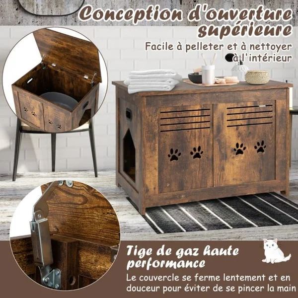 Maison de Toilette pour Chat à Couvercle Rabattable Meubles à Litière avec Entrée Latérale et 2 Poignées Découpées