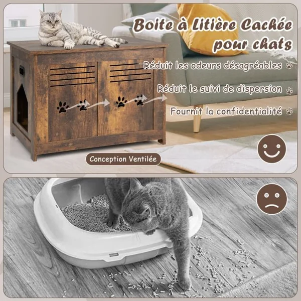 Maison de Toilette pour Chat à Couvercle Rabattable Meubles à Litière avec Entrée Latérale et 2 Poignées Découpées