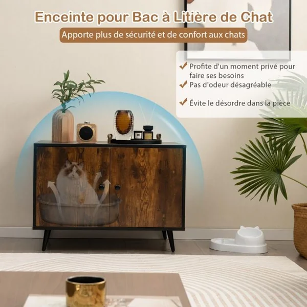 Maison de Toilette pour Chat à Double Portes 80x50x57 CM Meuble/Bac à Litière industriel avec Pieds de Support en Métal