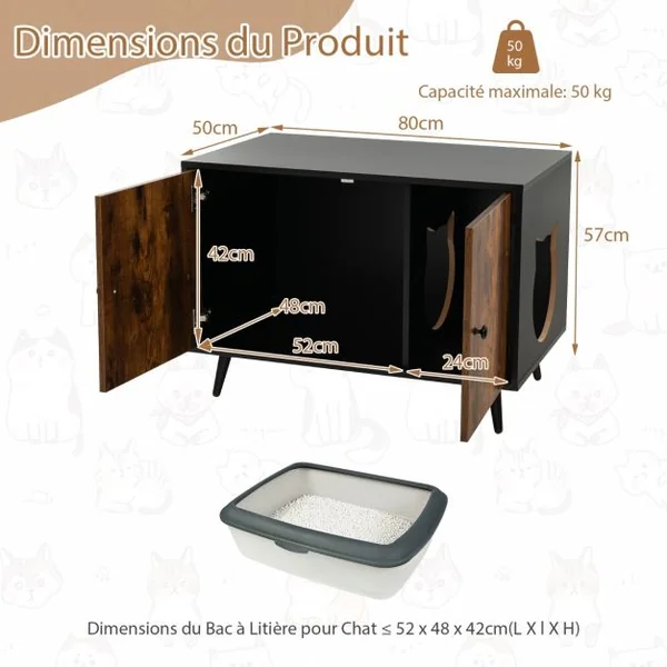 Maison de Toilette pour Chat à Double Portes 80x50x57 CM Meuble/Bac à Litière industriel avec Pieds de Support en Métal