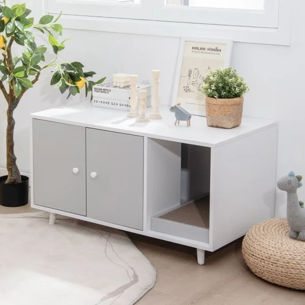 Maison de Toilette pour Chats 90 x 50 x 50 cm Meuble Literie Chat avec 2 Portes avec Planche à Gratter Gris/Blanc/Noyer