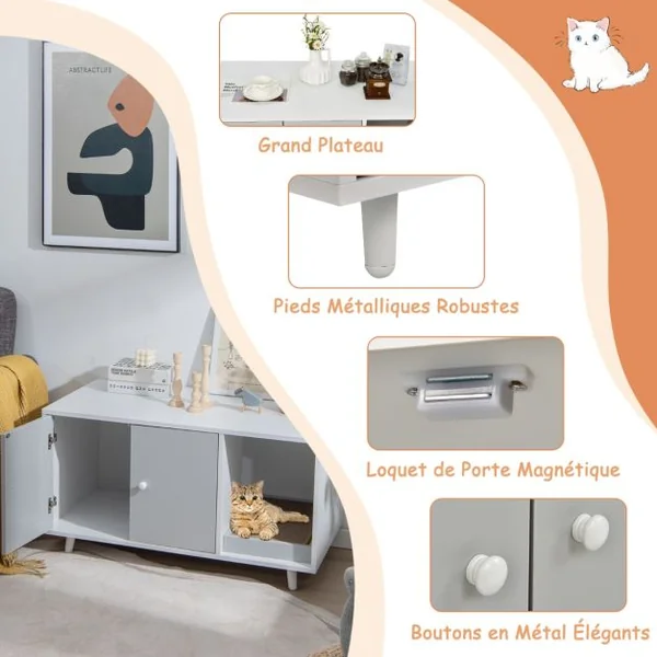Maison de Toilette pour Chats 90 x 50 x 50 cm Meuble Literie Chat avec 2 Portes avec Planche à Gratter Gris/Blanc/Noyer