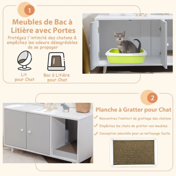 Maison de Toilette pour Chats 90 x 50 x 50 cm Meuble Literie Chat avec 2 Portes avec Planche à Gratter Gris/Blanc/Noyer