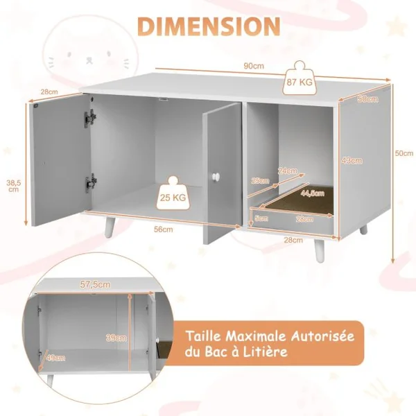 Maison de Toilette pour Chats 90 x 50 x 50 cm Meuble Literie Chat avec 2 Portes avec Planche à Gratter Gris/Blanc/Noyer