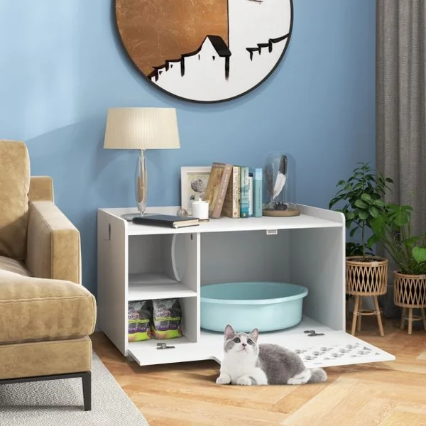 Maison de Toilettes pour Chat avec Coussin Amovible Meuble Bac à Litière avec Crochet Latéral et Porte Rabattable Blanc