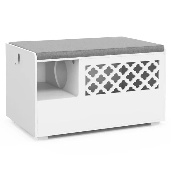 Maison de Toilettes pour Chat avec Coussin Amovible Meuble Bac à Litière avec Crochet Latéral et Porte Rabattable Blanc