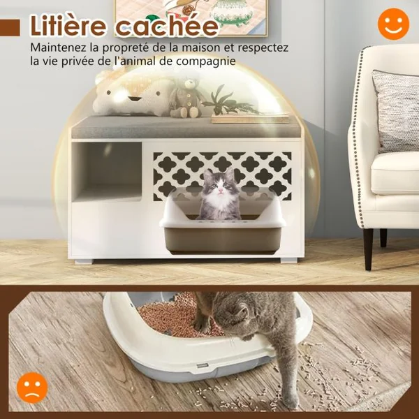 Maison de Toilettes pour Chat avec Coussin Amovible Meuble Bac à Litière avec Crochet Latéral et Porte Rabattable Blanc