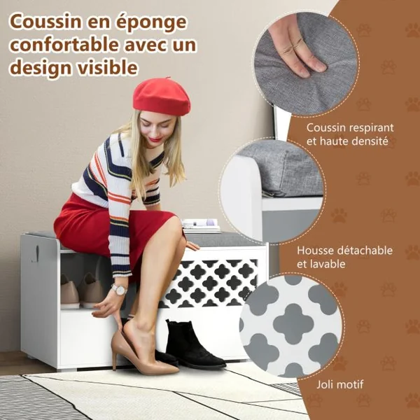 Maison de Toilettes pour Chat avec Coussin Amovible Meuble Bac à Litière avec Crochet Latéral et Porte Rabattable Blanc