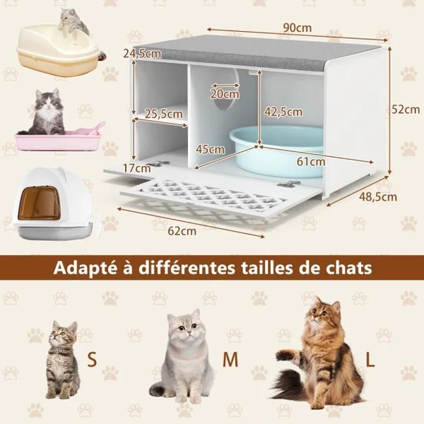 Maison de Toilettes pour Chat avec Coussin Amovible Meuble Bac à Litière avec Crochet Latéral et Porte Rabattable Blanc
