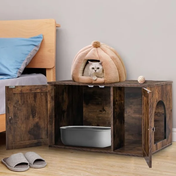 Maison de Toilettes pour Chat avec Double Portes Meuble à Litière avec Panneau Cloisonné Amovible Style Industriel